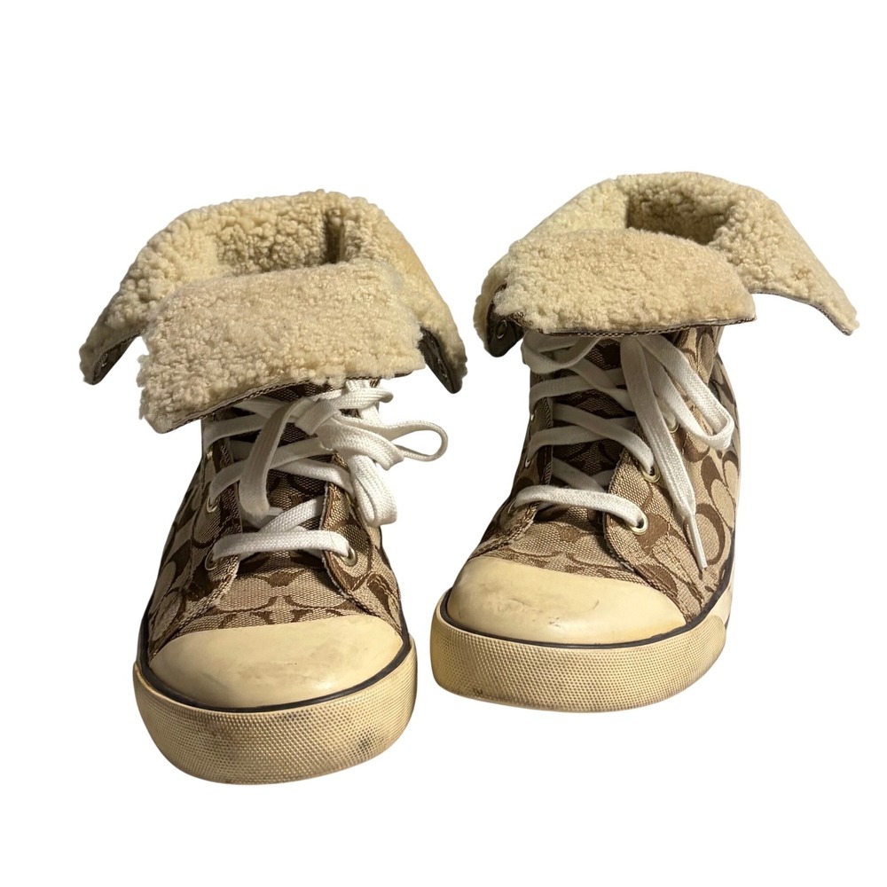 Coach Bonney Shearling High Top Sneakers Signature C Monogram Brown Tan 
Sz 9.5 - Picture 6 of 11